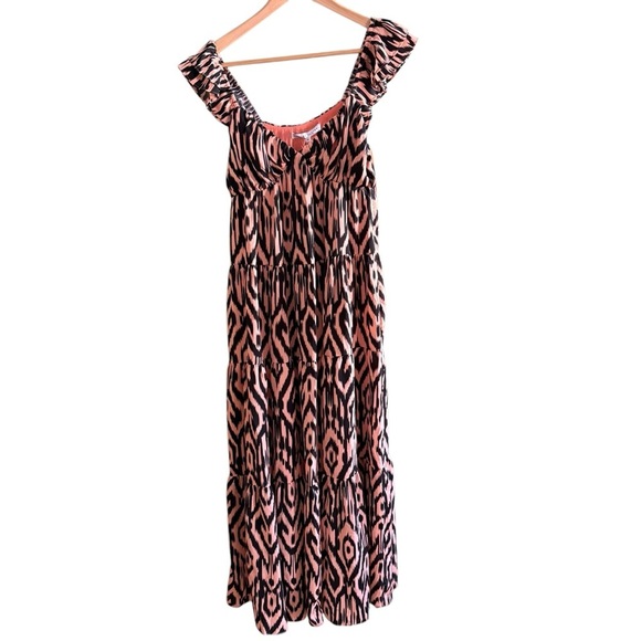 English Factory Womens XS Ikat Maxi Dress Orange Black Tiered Ruffle Sleeve - Picture 2 of 15